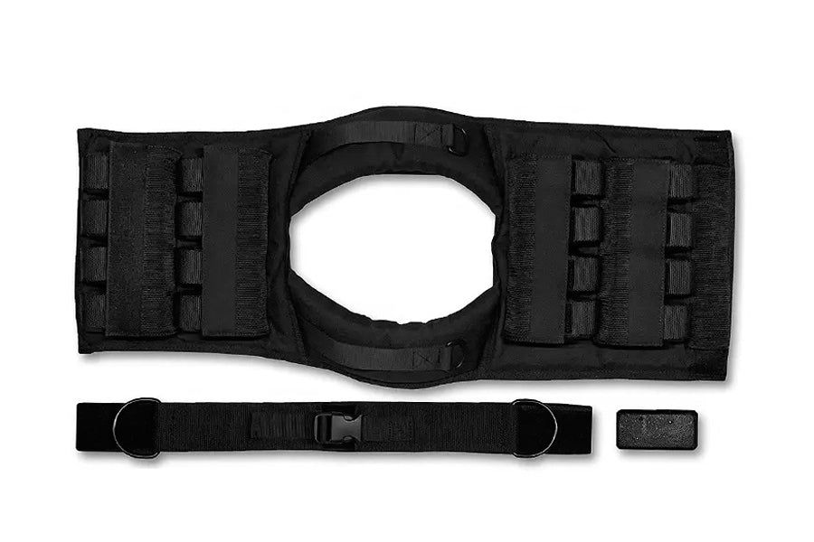 Black weighted vest with multiple pockets and buckle closures, displayed flat with adjustable shoulder strap and weight plate