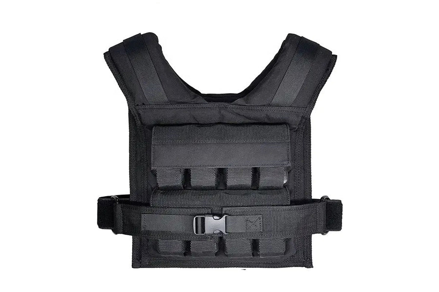 Black weighted vest with padded shoulder straps, front molle webbing, and adjustable side buckle closures on white background