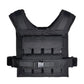 Black weighted vest with padded shoulder straps, modular webbing panels, and adjustable side buckles on white background