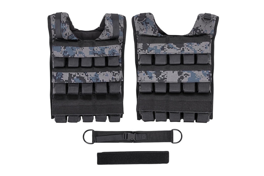 Warrior Weighted Vest in digital blue camouflage with black straps, shown front and back with shoulder pads and adjustable be