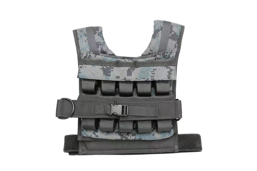 Warrior Weighted Vest in digital camouflage with gray webbing straps, buckle closures, and adjustable shoulder harness on whi