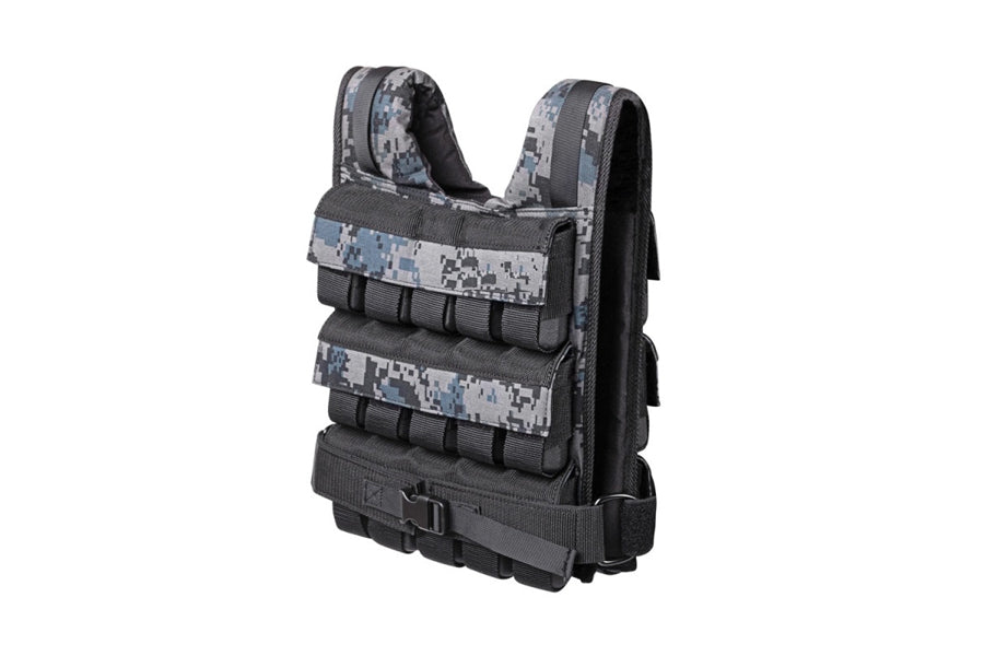 Warrior weighted vest in black and gray digital camouflage with reinforced shoulder straps and front utility pockets, display