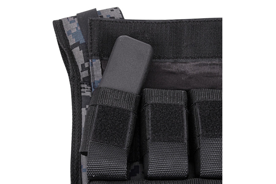 Black tactical weighted vest with gray mesh panels and camo straps, displayed flat lay on white background