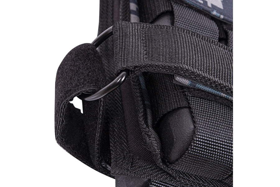 Black weighted vest with mesh panels and metal carabiners, front pocket detail view