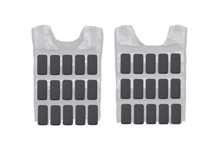 Gray weighted vest with black padding panels arranged in three rows of five, front and back view on white background