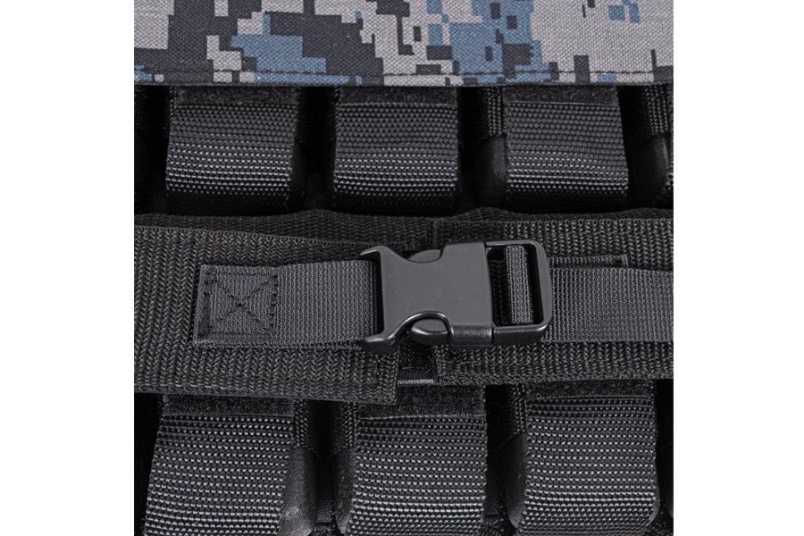 Black weighted vest with gray and blue camouflage pattern, multiple mesh pockets, and adjustable buckle closure, flat lay vie