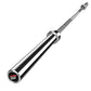 Warrior stainless steel Olympic barbell with chrome finish, rotating sleeves, and red text logo on end cap, on white backgrou
