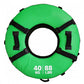 Bright green inflatable pull buoy with black straps and handles, capacity 40 kg or 88 lbs, on white background
