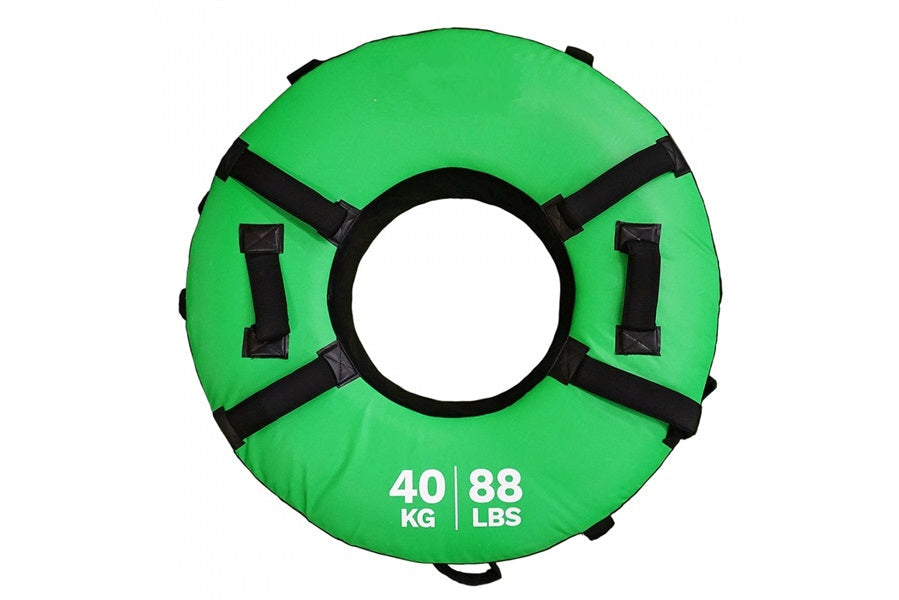 Bright green inflatable pull buoy with black straps and handles, capacity 40 kg or 88 lbs, on white background