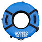 Blue inflatable snow tube with black straps and handles, rated 60 kg/132 lbs, on white background