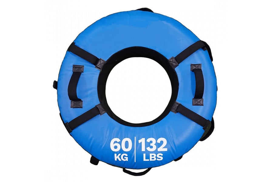 Blue inflatable snow tube with black straps and handles, rated 60 kg/132 lbs, on white background