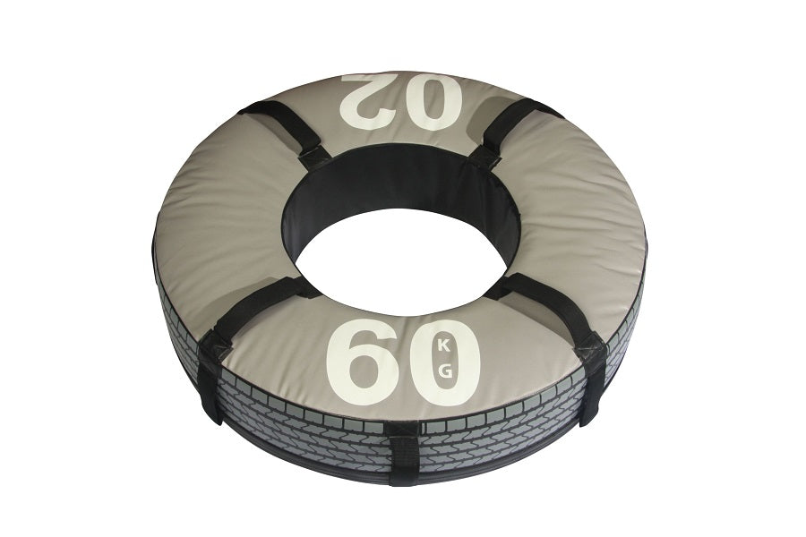 60kg weighted exercise tire with black handles and textured tread pattern on white background