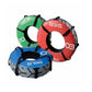 Three colored weighted training tires in green, red, and blue with black handles, displaying weight markings on white backgro