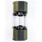 Olive green and black adjustable dumbbell with clear cylindrical weight chamber in center, flat lay on white background