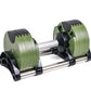 Pair of green and black adjustable dumbbells with chrome handle on white background