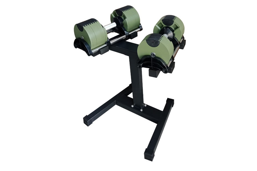 Pair of sage green and black adjustable dumbbells on black stand, showing weight adjustment mechanism and metal handles