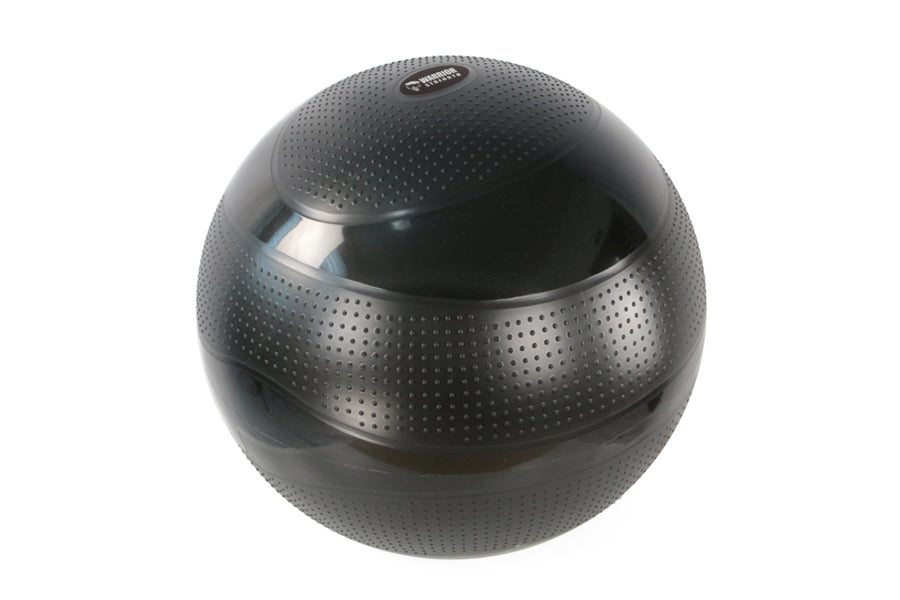 Black textured exercise ball with perforated grip surface and metallic silver band detail on white background