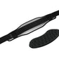 Black weightlifting belt with gray mesh lining and removable lumbar support pad, shown with detached pad on white background