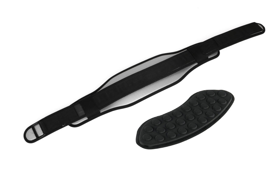 Black weightlifting belt with gray mesh lining and removable lumbar support pad, shown with detached pad on white background