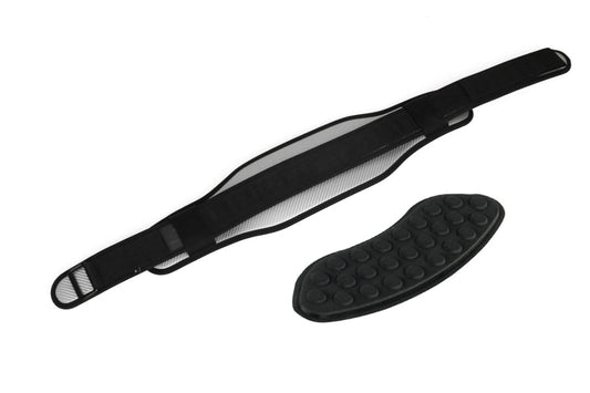 Black weightlifting belt with gray mesh lining and removable lumbar support pad, shown with detached pad on white background