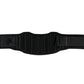 Black neoprene weightlifting belt with padded lumbar support and metal buckle closure, flat lay on white background
