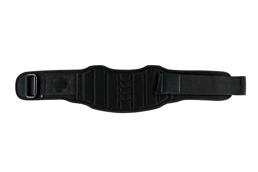 Black neoprene weightlifting belt with padded lumbar support and metal buckle closure, flat lay on white background