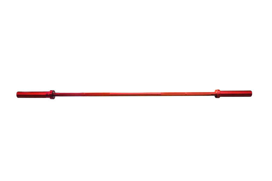 Red aluminum training barbell with collars, 15lb capacity, on white background