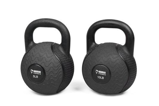 Two black rubber kettlebells with textured surfaces and looped handles, labeled 5LB and 10LB, displayed on white background