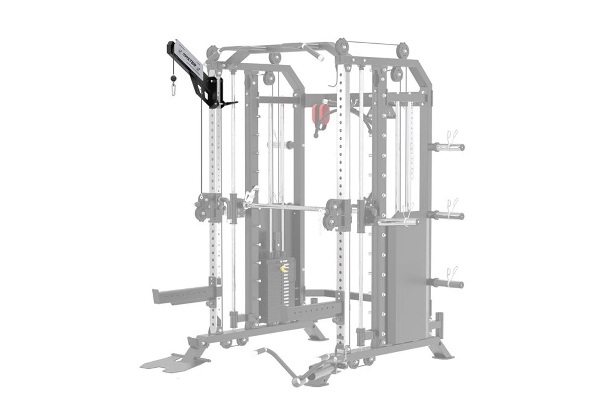 Warrior Lat Pulldown Attachment with black and red components mounted on gray cable machine frame