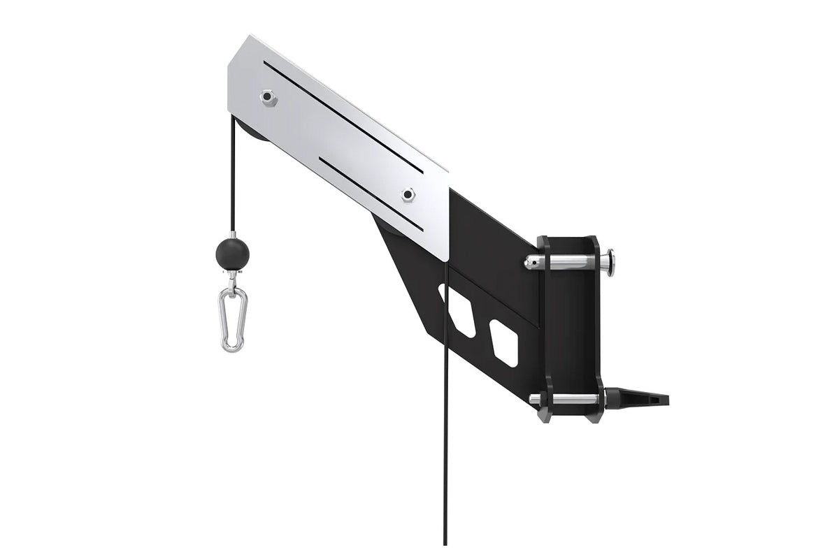 Warrior Lat Pulldown Attachment with silver beam, black metal bracket, carabiner, and pulley system on white background