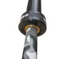 Warrior 6-bearing barbell with black cerakote sleeves and gray camouflage pattern shaft, gold collar rings