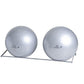 Silver gym ball rack with two shiny stability balls on metal frame, wall-mounted storage