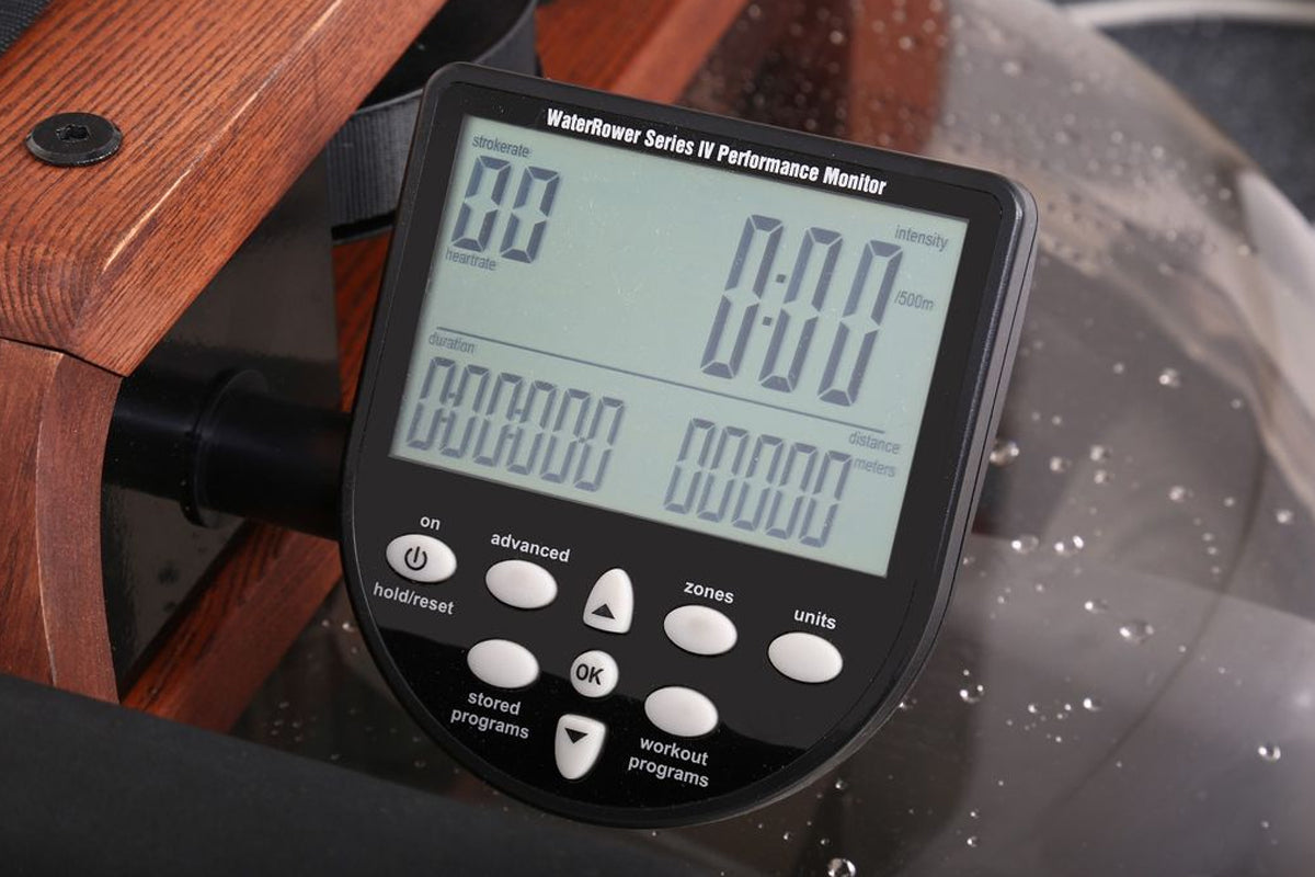 WaterRower Series IV Performance Monitor display showing stroke rate, heart rate, intensity, duration, and distance metrics o