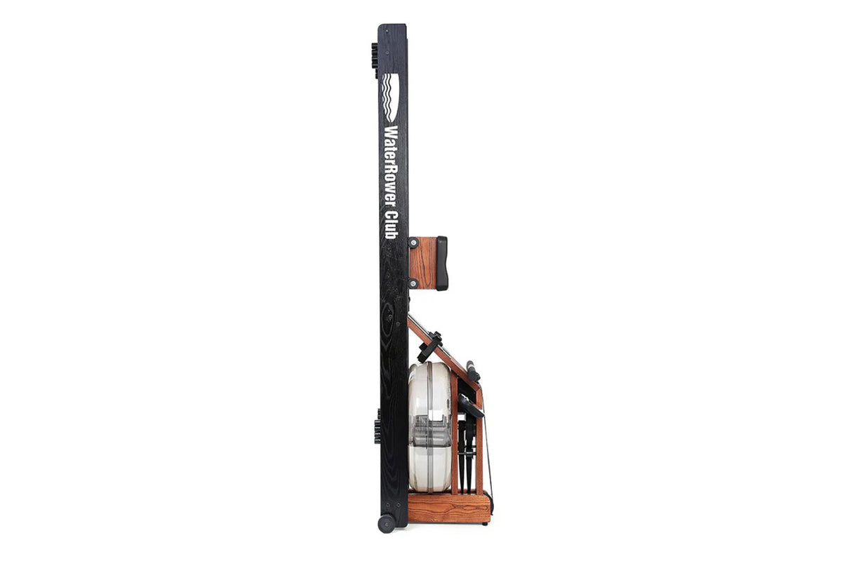 WaterRower Club rowing machine with black frame, wood base and handle, water resistance tank, on white background