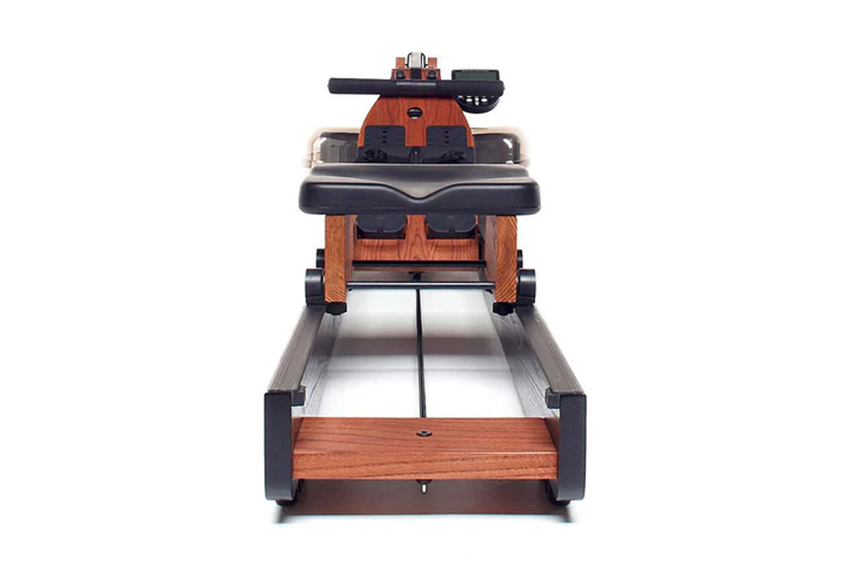 WaterRower Club rowing machine with wood and black frame, viewed from above on white background