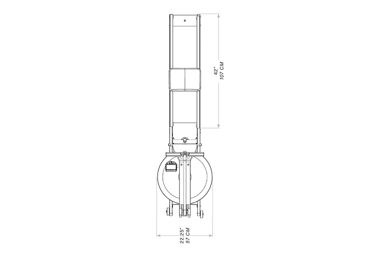 WaterRower Club rowing machine with vertical frame and water resistance tank, technical schematic showing dimensions 42 inche