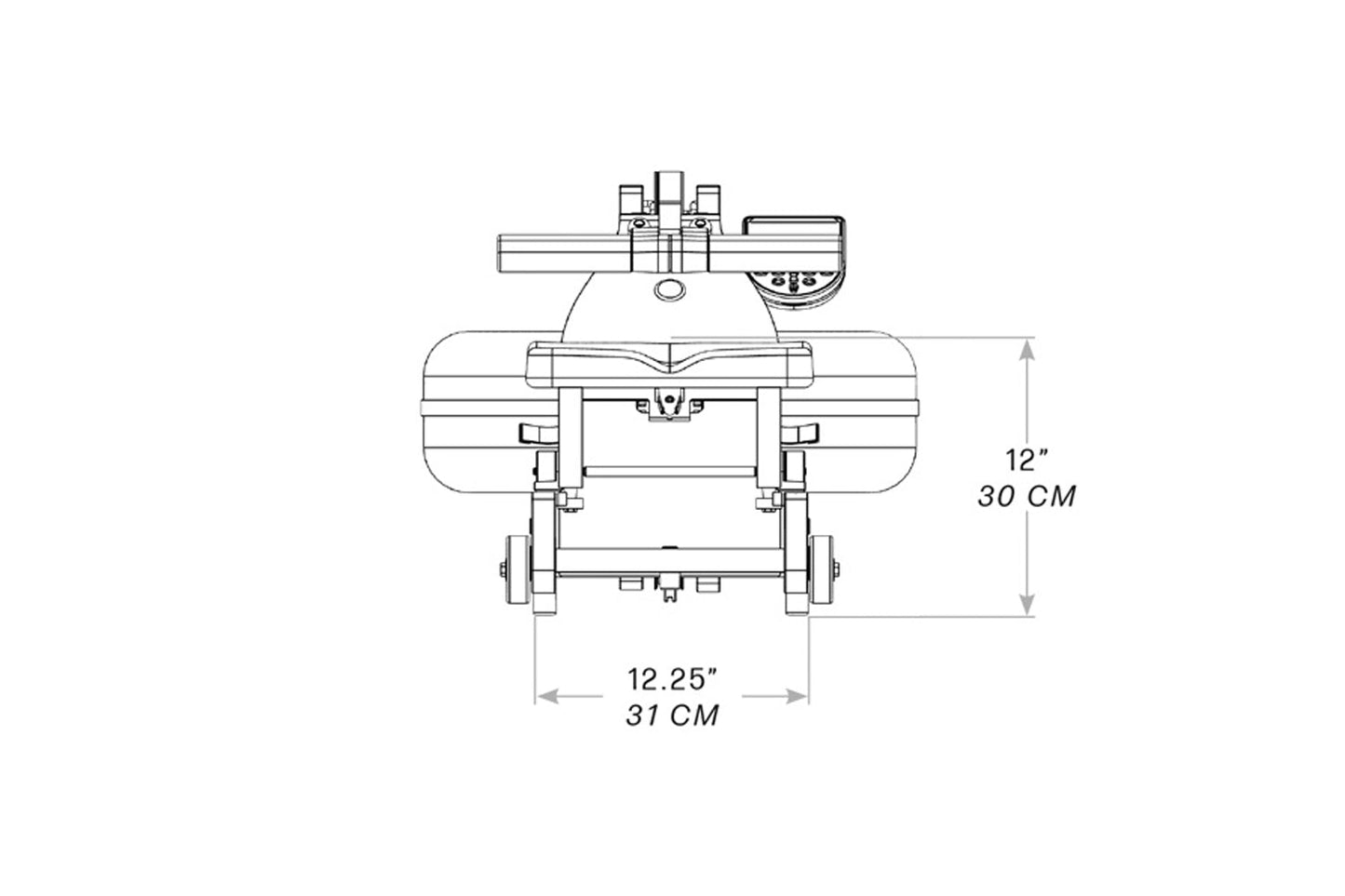 WaterRower Club rowing machine technical drawing showing top view with dimensions 12.25 inches wide and 12 inches tall