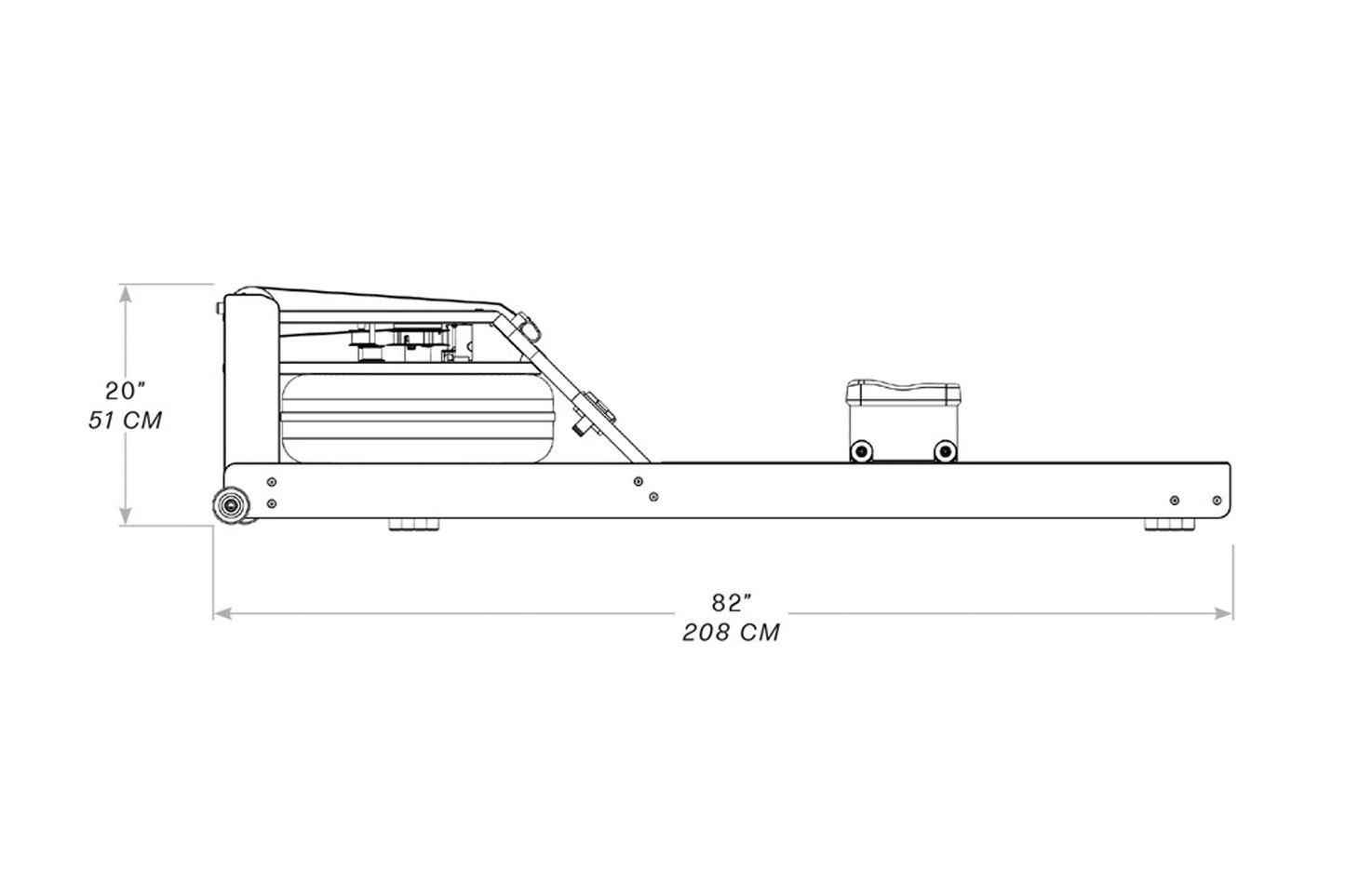 Technical line drawing of WaterRower Club rowing machine with dimensions, showing 20 inch height and 82 inch length on white 