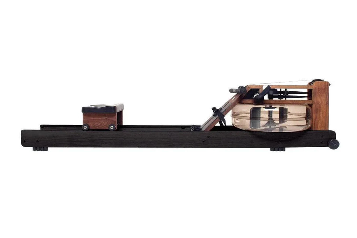 WaterRower Heritage rowing machine with black base, wooden frame, water tank, and resistance mechanism on white background