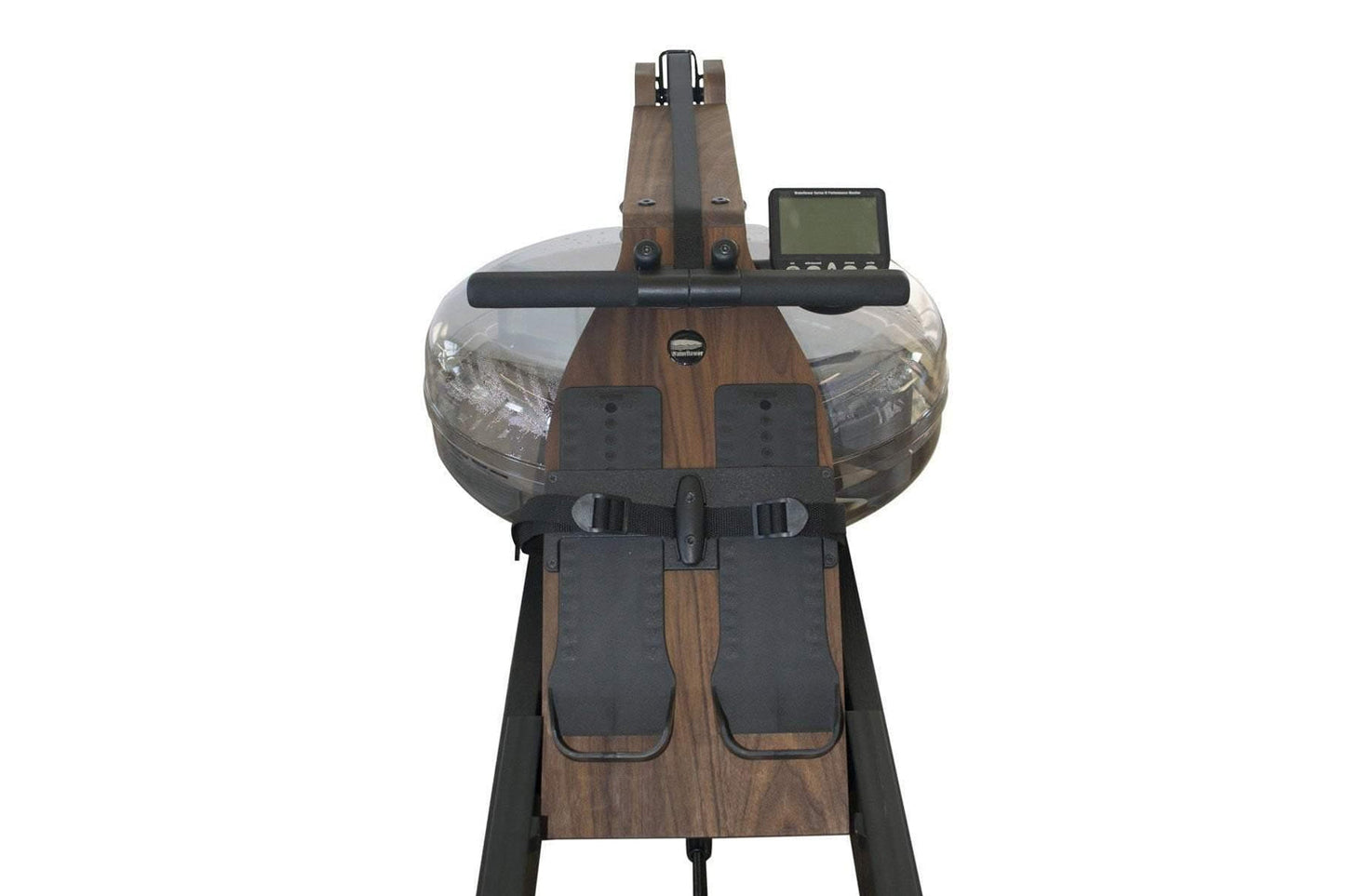 WaterRower Heritage rowing machine with wood frame, black footplate, digital monitor, and water resistance tank, front view o