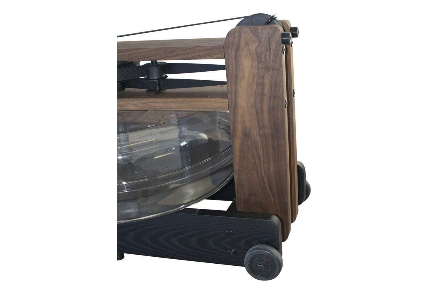 WaterRower Heritage rowing machine with walnut wood frame, black metal accents, and water resistance tank, side view on white