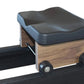 Black padded seat with wood frame and wheels attached to black rowing machine rail