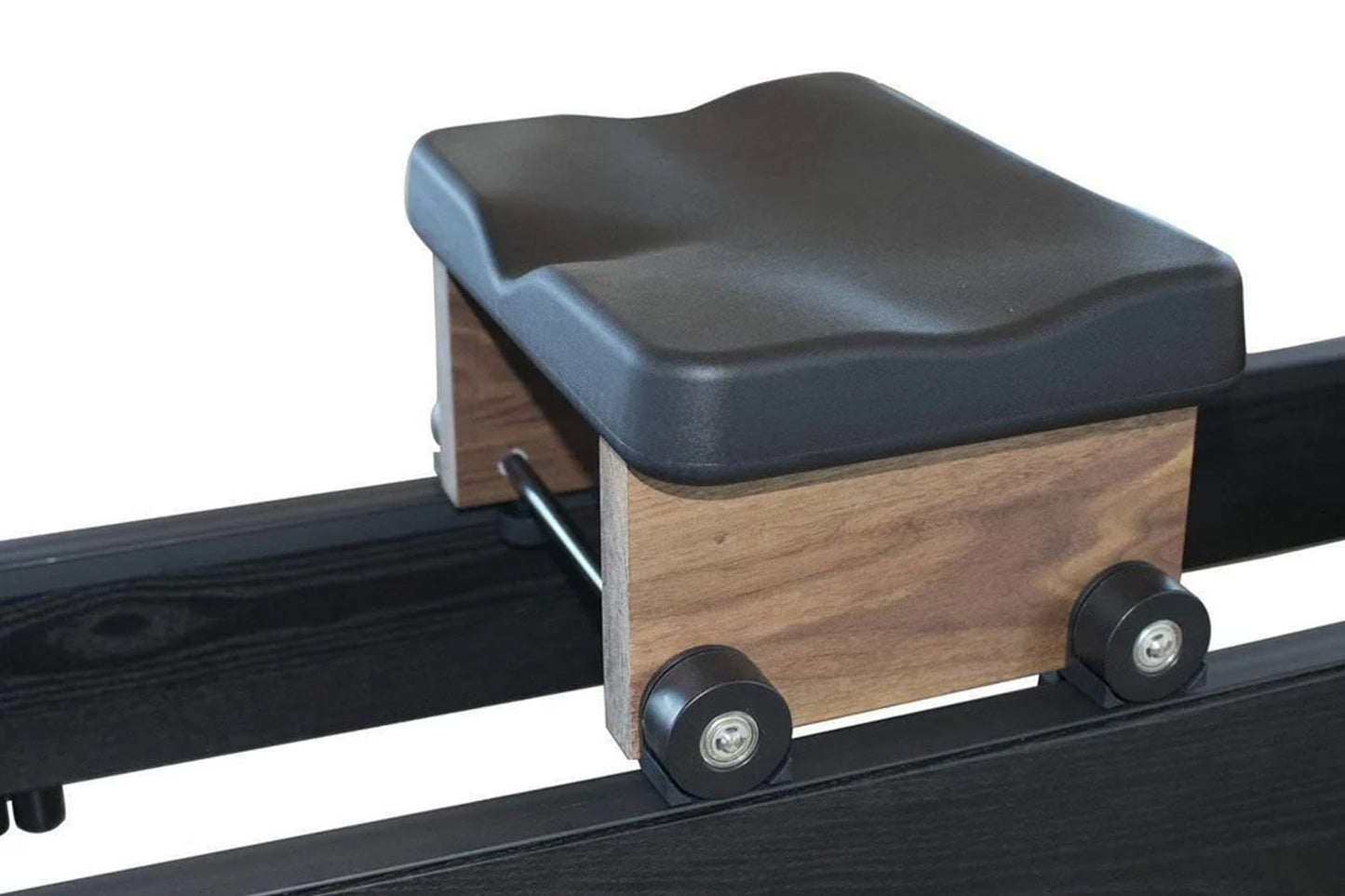 Black padded seat with wood frame and wheels attached to black rowing machine rail