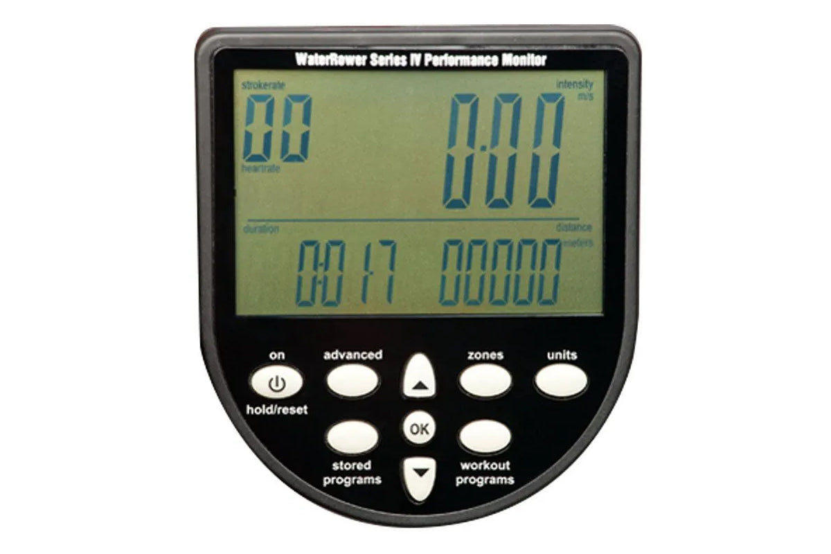 Waterrower Series IV Performance Monitor with LCD display showing stroke rate, intensity, duration and distance metrics, blac