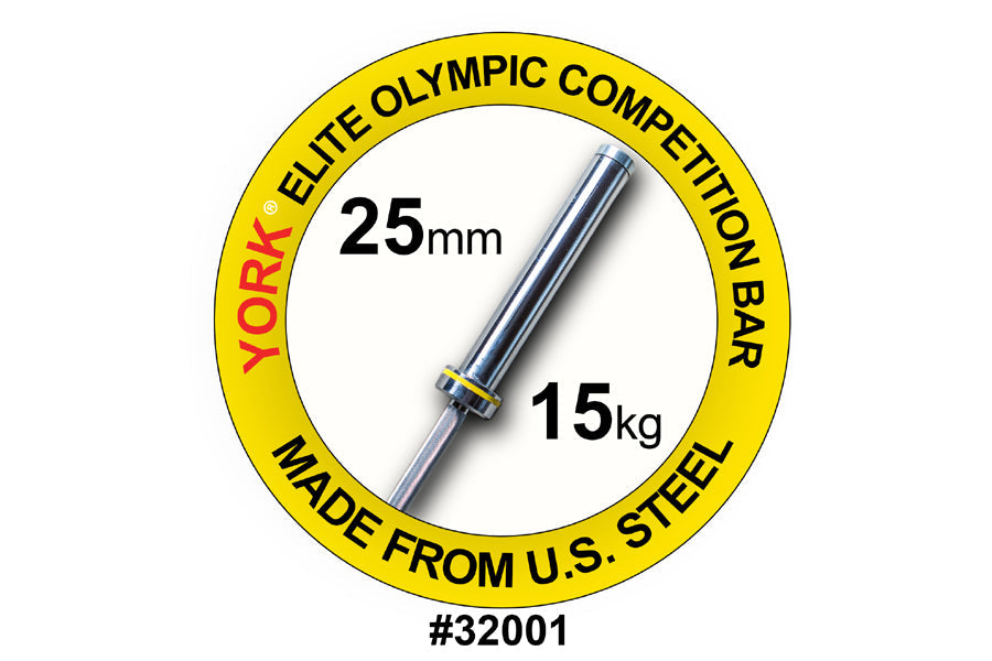 York 25mm Elite Olympic competition barbell, 15kg, made from U.S. steel with yellow ring packaging on white background