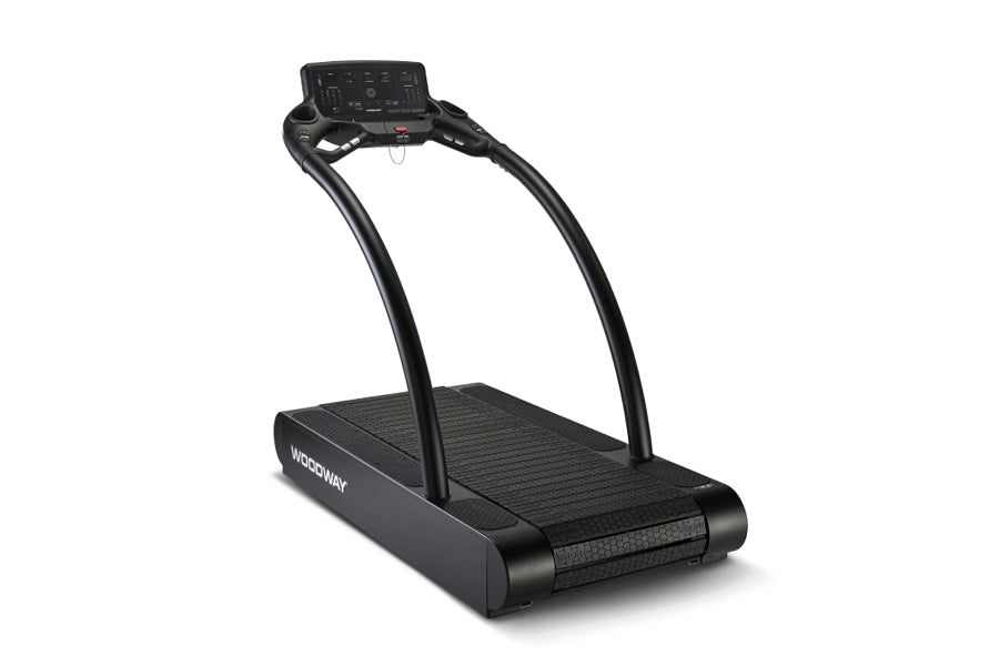 Black Woodway 4Front treadmill with curved frame, textured running belt, and digital display console, shown on white backgrou
