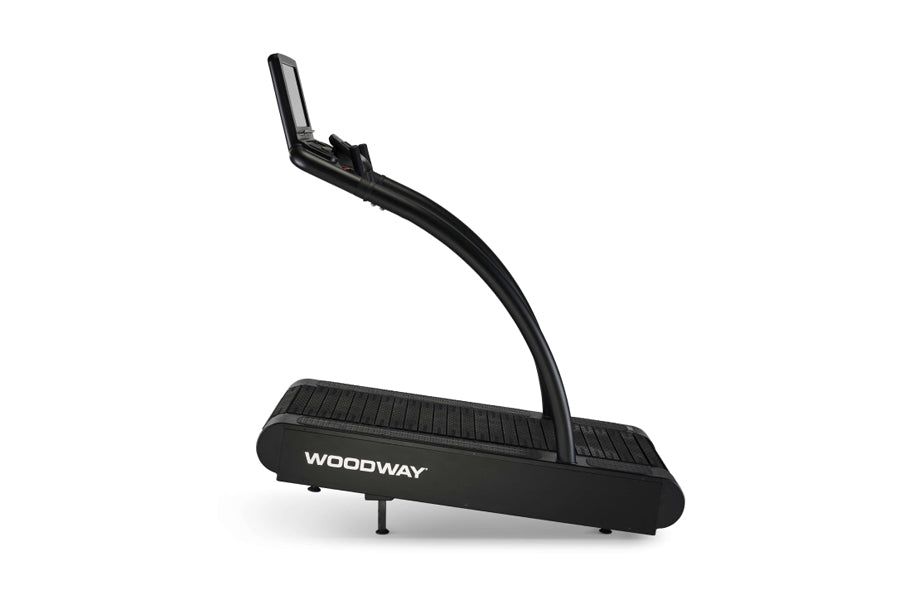 Black Woodway 4Front treadmill with curved running deck and angled control panel on white background
