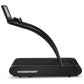 Black Woodway 4Front treadmill with curved running deck and digital display console mounted on curved arm, shown against whit