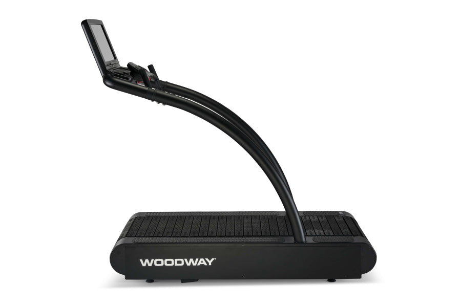 Black Woodway 4Front treadmill with curved running deck and digital display console mounted on curved arm, shown against whit