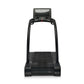 Black motorized treadmill with digital console display and textured running deck on white background